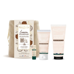 Coffret Gel douche à la noix de coco + Gommage exfoliant  + Baume à lèvres  + Trousse de toilette